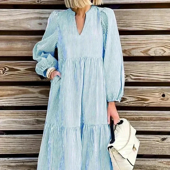 Blue Casual Women's Striped Printed Daily Dress - Picture 1 of 5